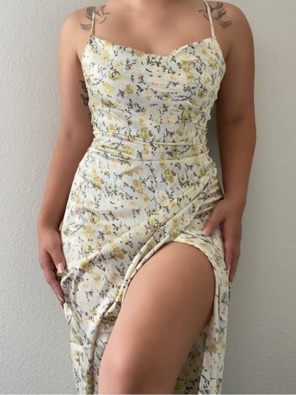 Elegant Cream Floral High-Low Slip Dress with Spaghetti Straps